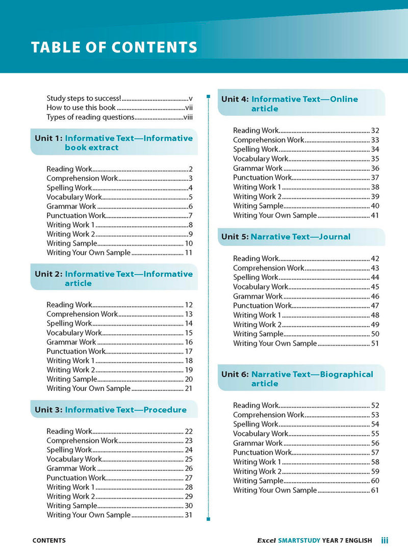 Contents page from the Excel SmartStudy English Year 7 workbook, showing how the book is organised