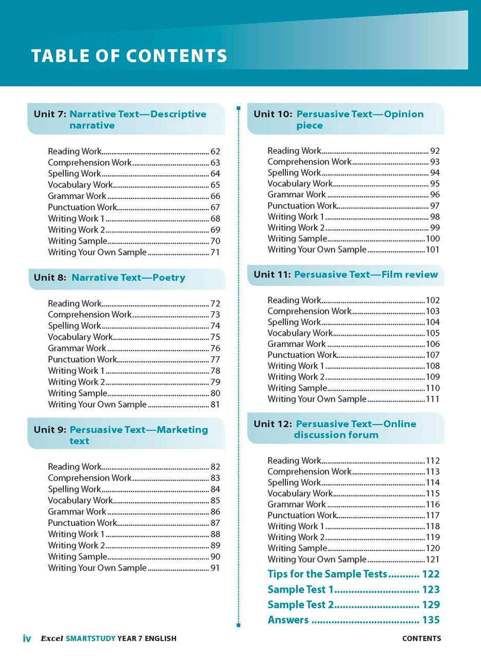 Sample interior page from the Excel SmartStudy English Year 7 workbook as shown in the Pascal Press gallery
