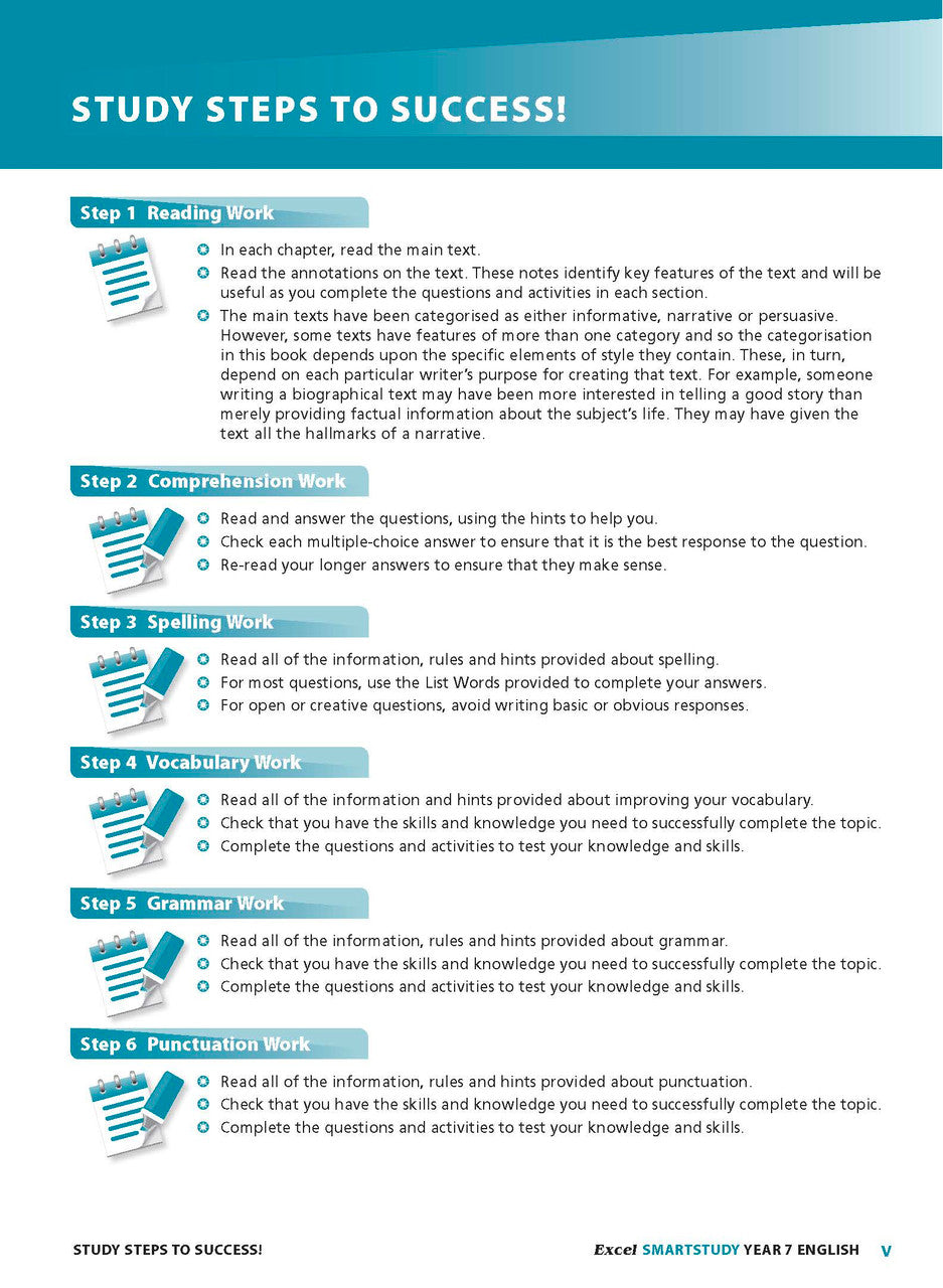 Sample interior page from the Excel SmartStudy English Year 7 workbook as shown in the Pascal Press gallery