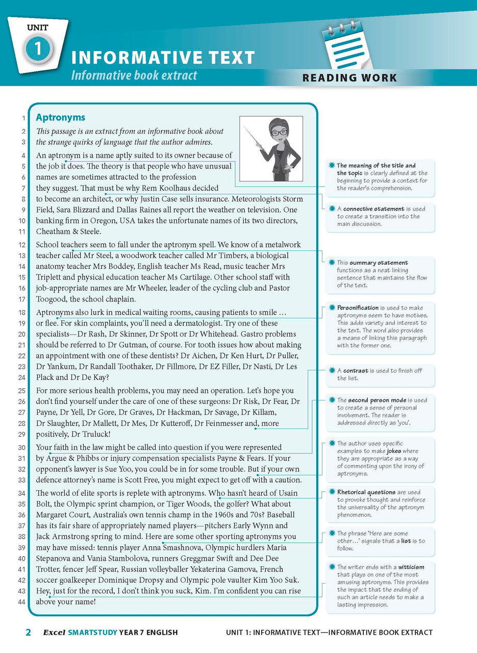 Sample interior page from the Excel SmartStudy English Year 7 workbook as shown in the Pascal Press gallery