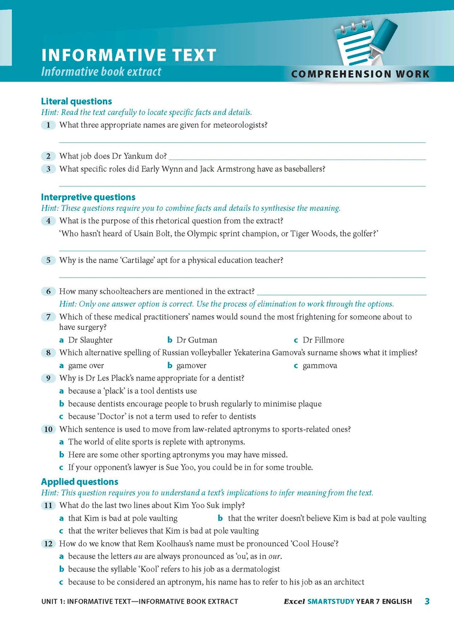 Sample interior page from the Excel SmartStudy English Year 7 workbook as shown in the Pascal Press gallery