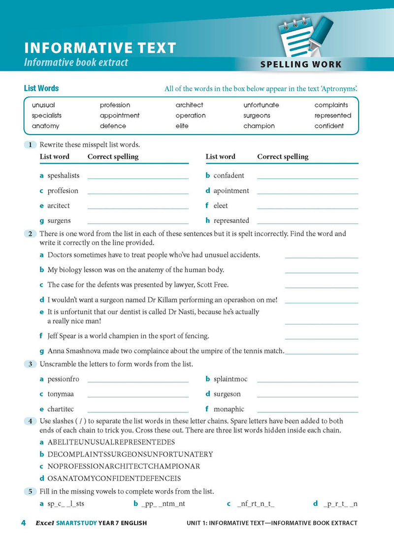 Sample interior page from the Excel SmartStudy English Year 7 workbook as shown in the Pascal Press gallery