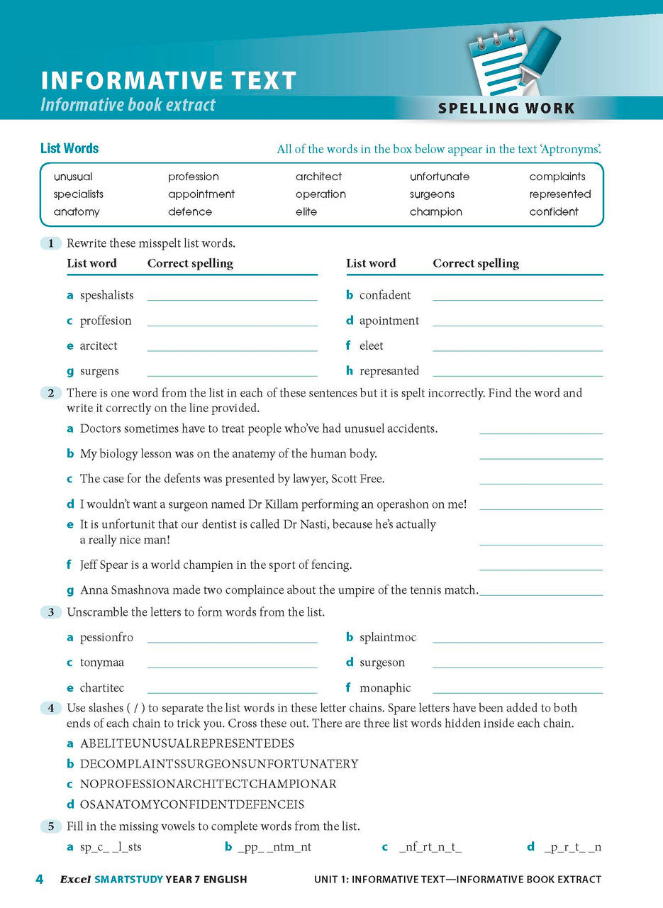 Sample interior page from the Excel SmartStudy English Year 7 workbook as shown in the Pascal Press gallery