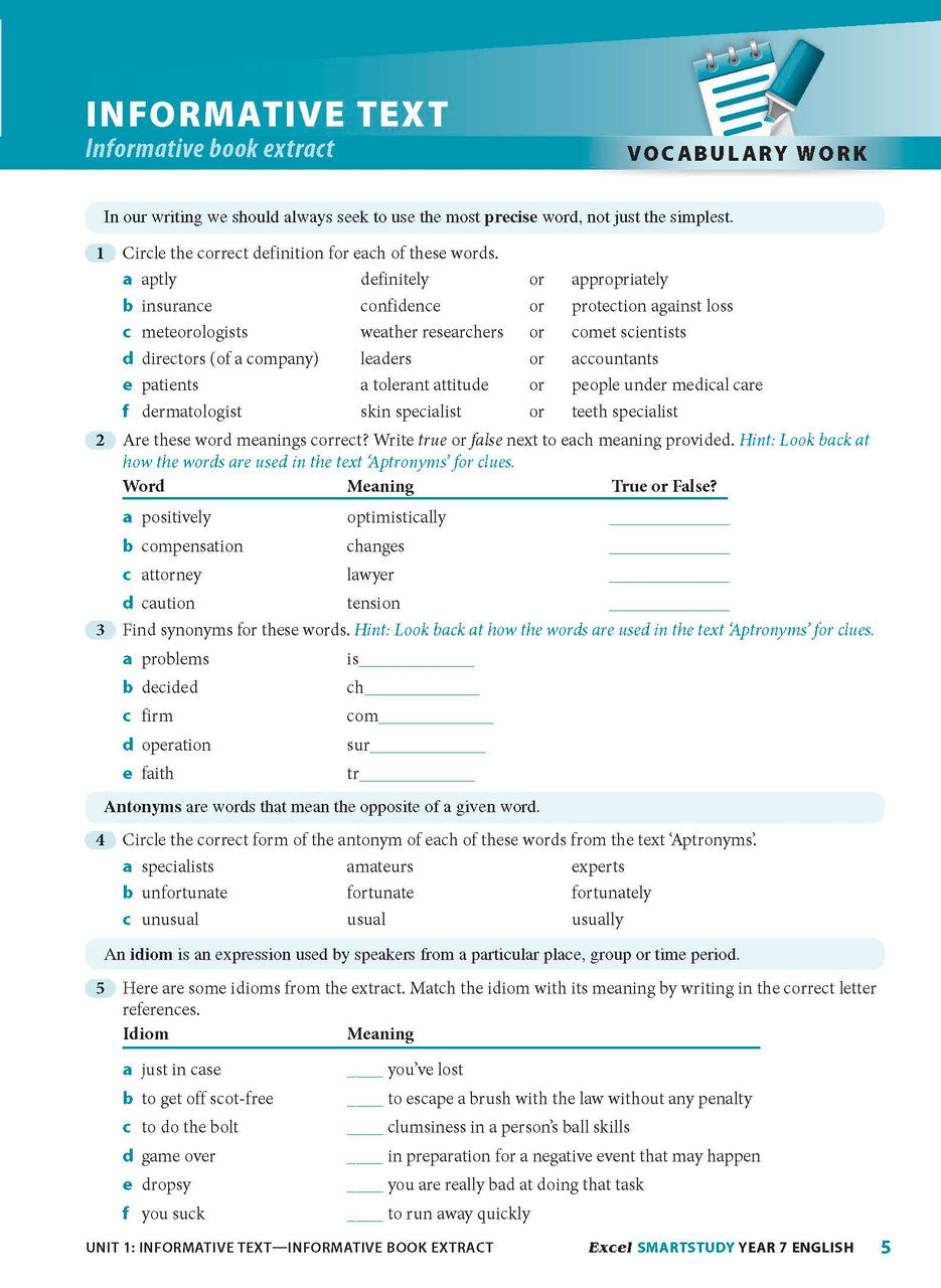 Sample interior page from the Excel SmartStudy English Year 7 workbook as shown in the Pascal Press gallery