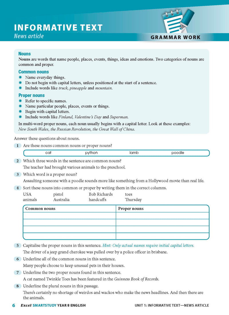 Sample interior page from the Excel SmartStudy English Year 8 workbook as shown in the Pascal Press gallery