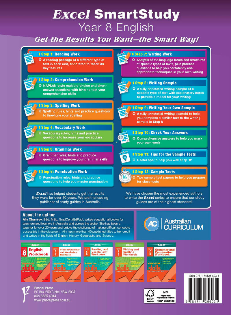 Back cover of the Excel SmartStudy English Year 8 workbook as shown in the Pascal Press gallery