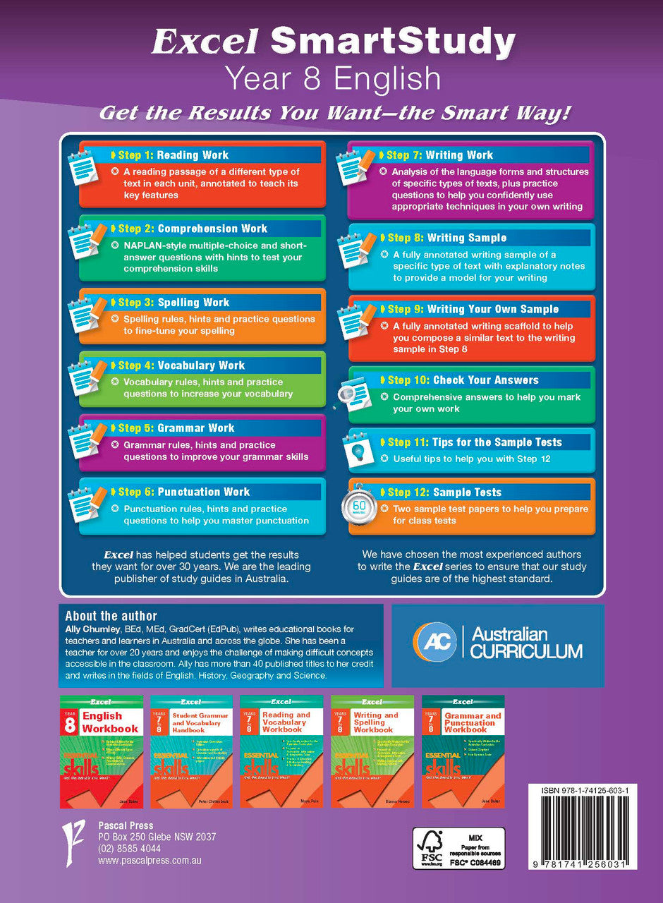 Back cover of the Excel SmartStudy English Year 8 workbook as shown in the Pascal Press gallery