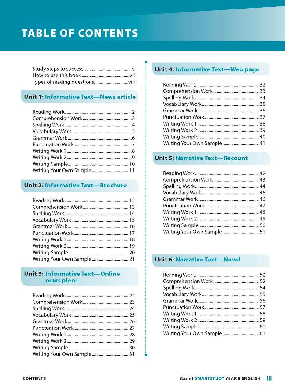 Contents page from the Excel SmartStudy English Year 8 workbook, showing how the book is organised