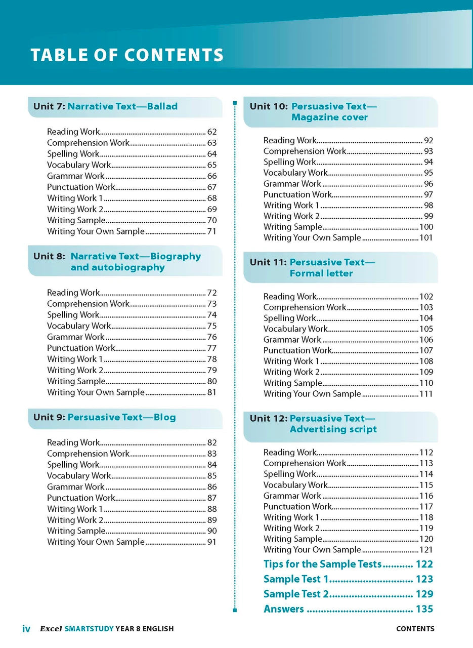 Sample interior page from the Excel SmartStudy English Year 8 workbook as shown in the Pascal Press gallery