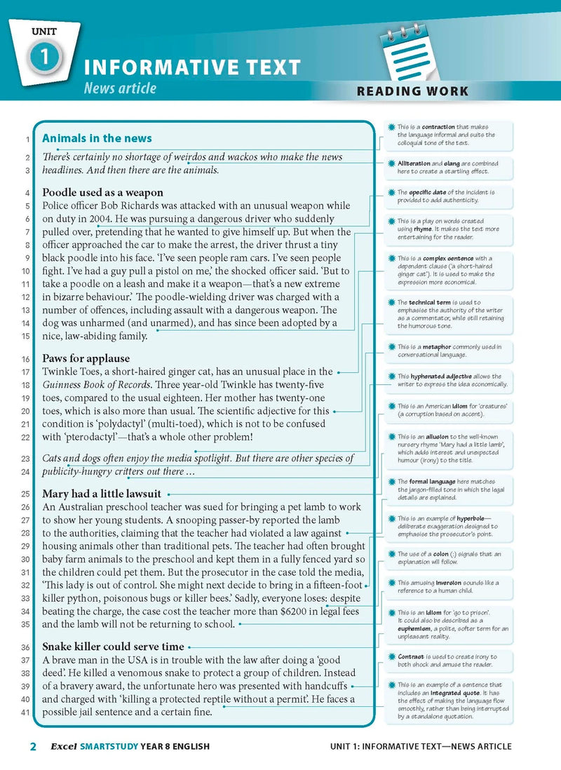 Sample interior page from the Excel SmartStudy English Year 8 workbook as shown in the Pascal Press gallery