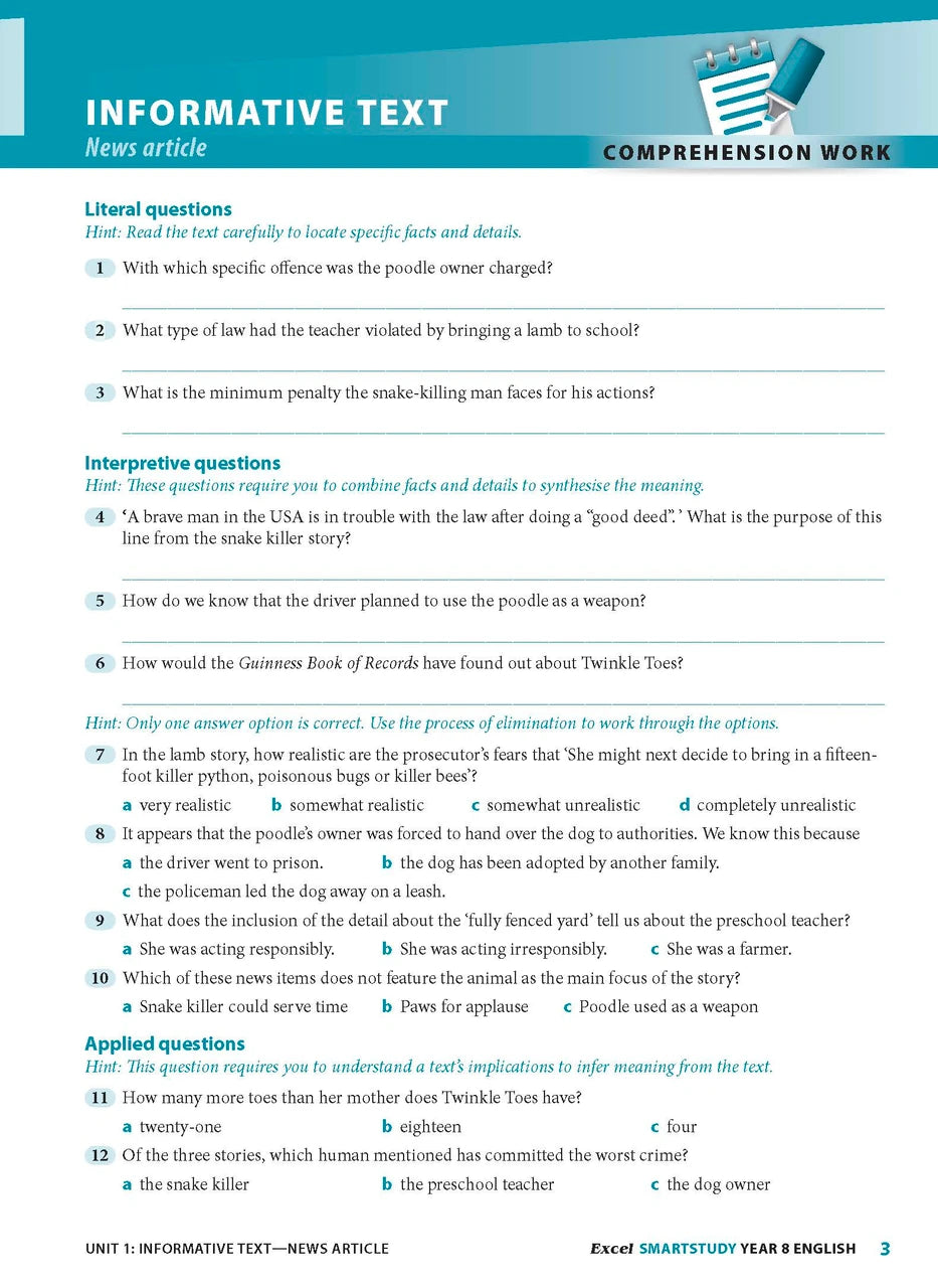Sample interior page from the Excel SmartStudy English Year 8 workbook as shown in the Pascal Press gallery