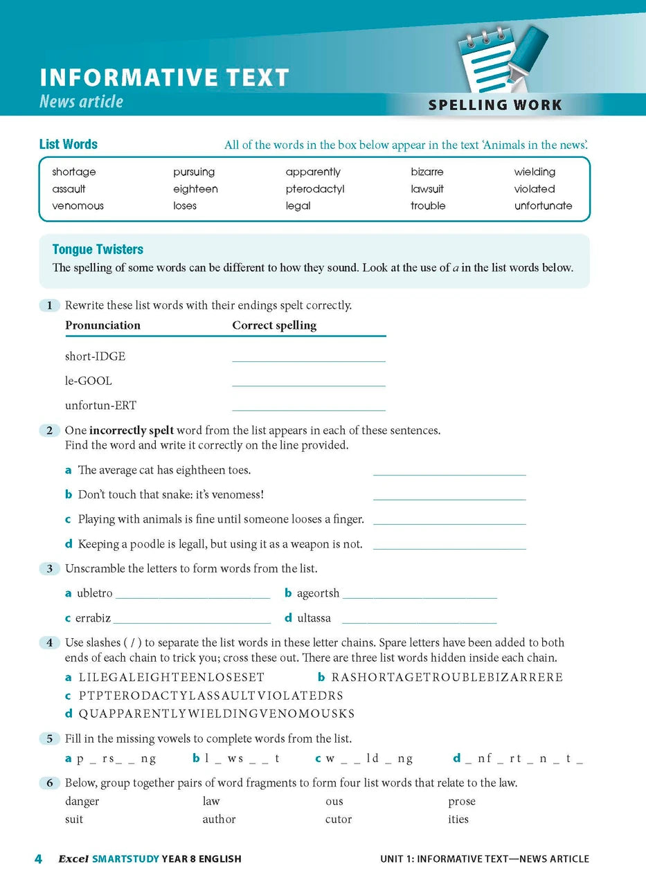 Sample interior page from the Excel SmartStudy English Year 8 workbook as shown in the Pascal Press gallery