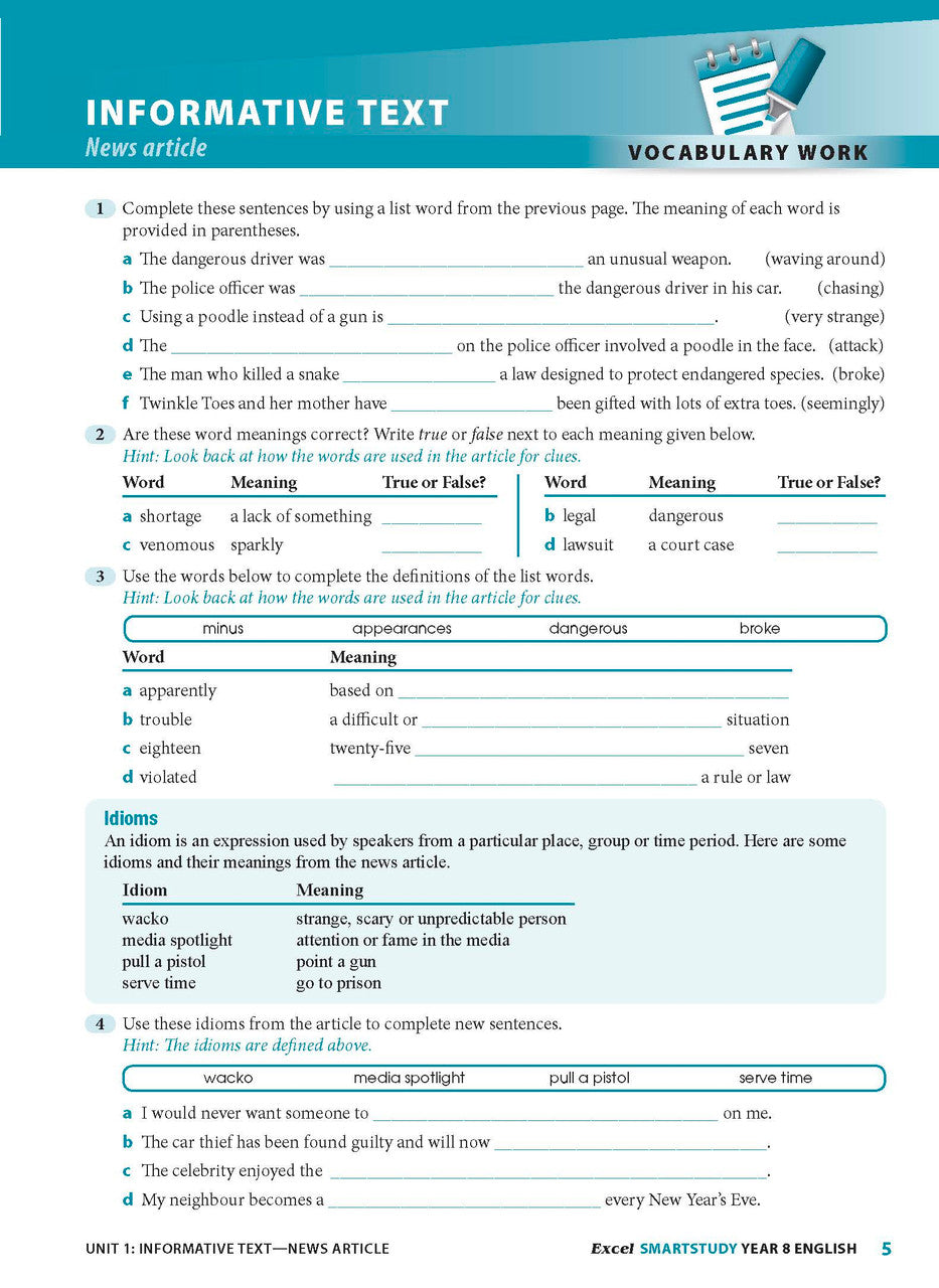 Sample interior page from the Excel SmartStudy English Year 8 workbook as shown in the Pascal Press gallery