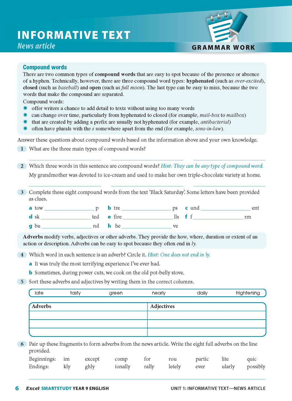 Sample interior page from the Excel SmartStudy English Year 9 workbook as shown in the Pascal Press gallery
