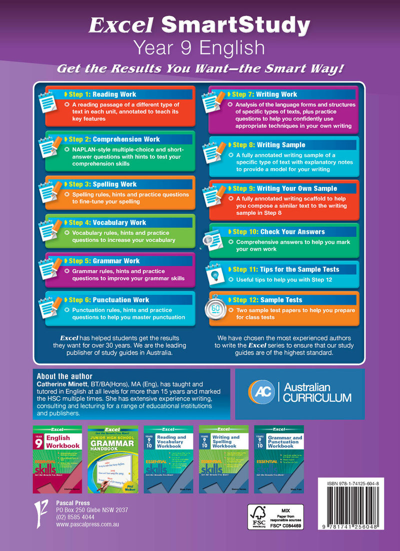 Back cover of the Excel SmartStudy English Year 9 workbook as shown in the Pascal Press gallery