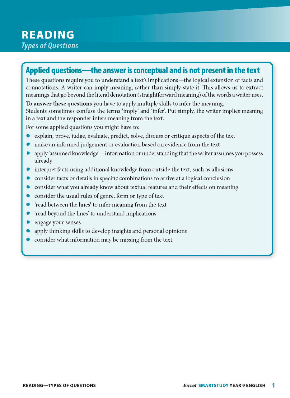 Sample interior page from the Excel SmartStudy English Year 9 workbook as shown in the Pascal Press gallery