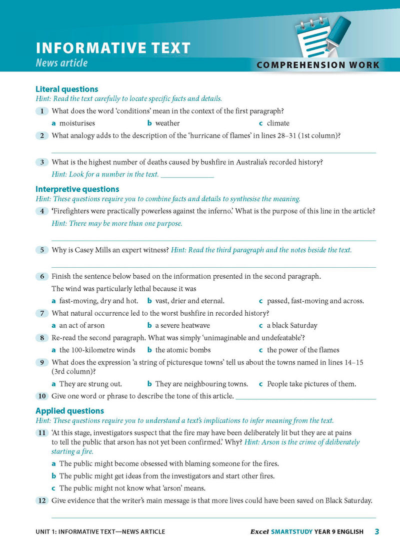 Sample interior page from the Excel SmartStudy English Year 9 workbook as shown in the Pascal Press gallery