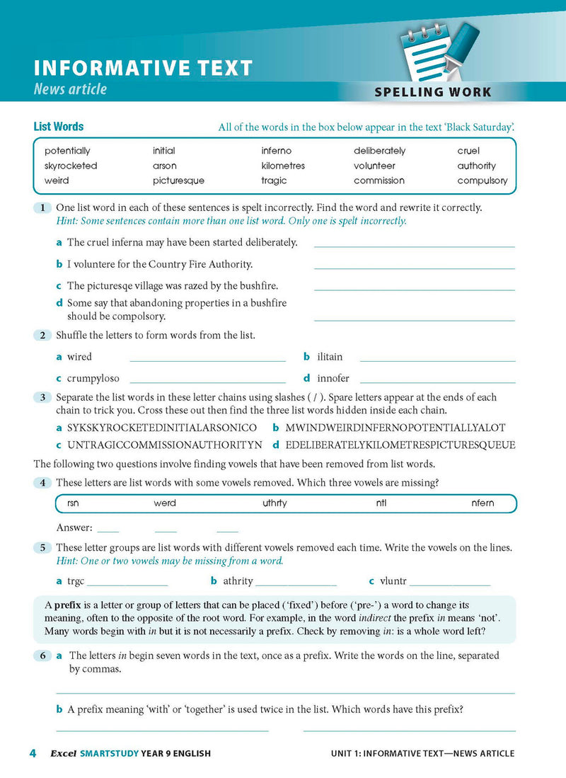Sample interior page from the Excel SmartStudy English Year 9 workbook as shown in the Pascal Press gallery
