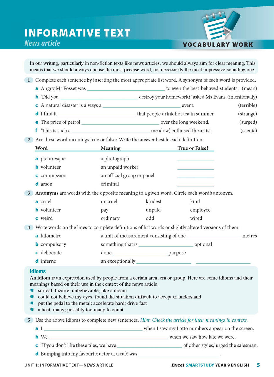 Sample interior page from the Excel SmartStudy English Year 9 workbook as shown in the Pascal Press gallery