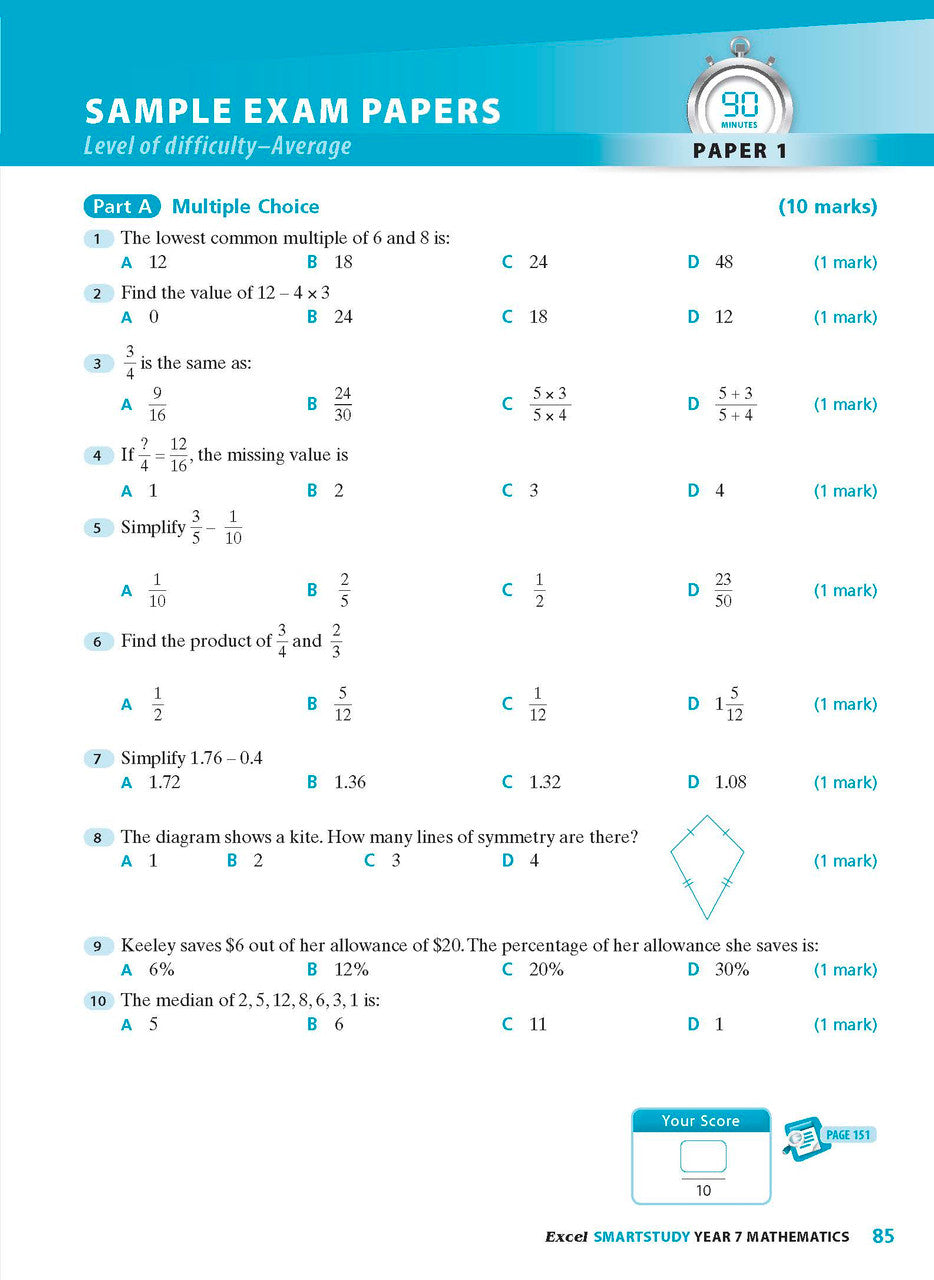 Sample interior page from the Excel SmartStudy Mathematics Year 7 workbook as shown in the Pascal Press gallery