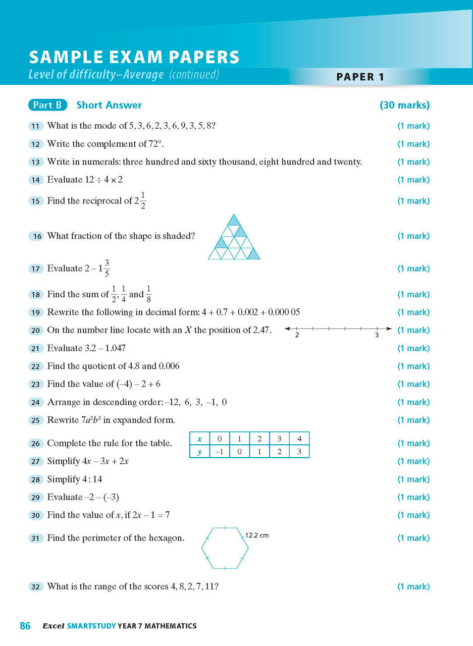 Sample interior page from the Excel SmartStudy Mathematics Year 7 workbook as shown in the Pascal Press gallery