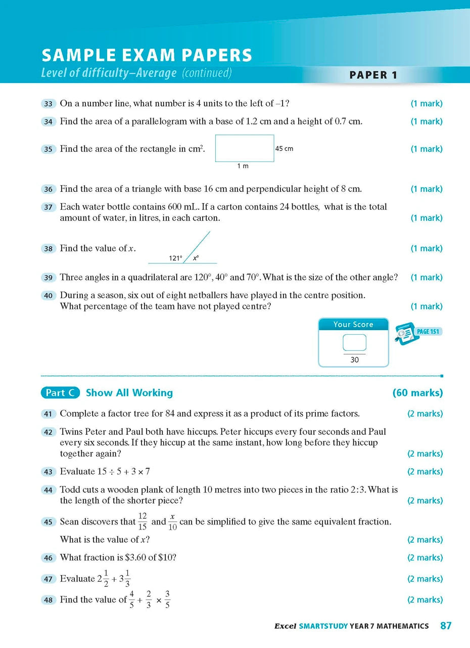 Sample interior page from the Excel SmartStudy Mathematics Year 7 workbook as shown in the Pascal Press gallery