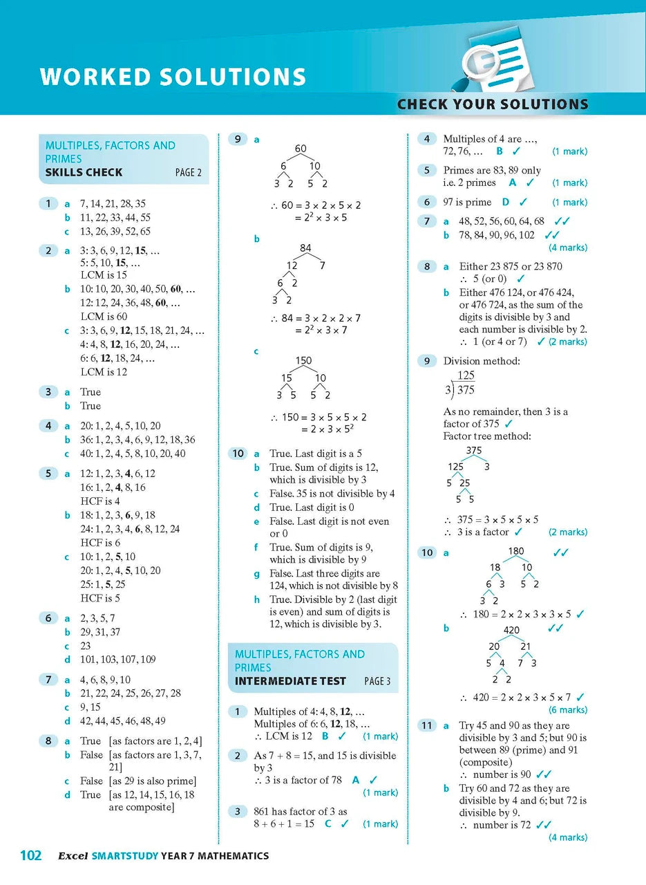 Sample interior page from the Excel SmartStudy Mathematics Year 7 workbook as shown in the Pascal Press gallery
