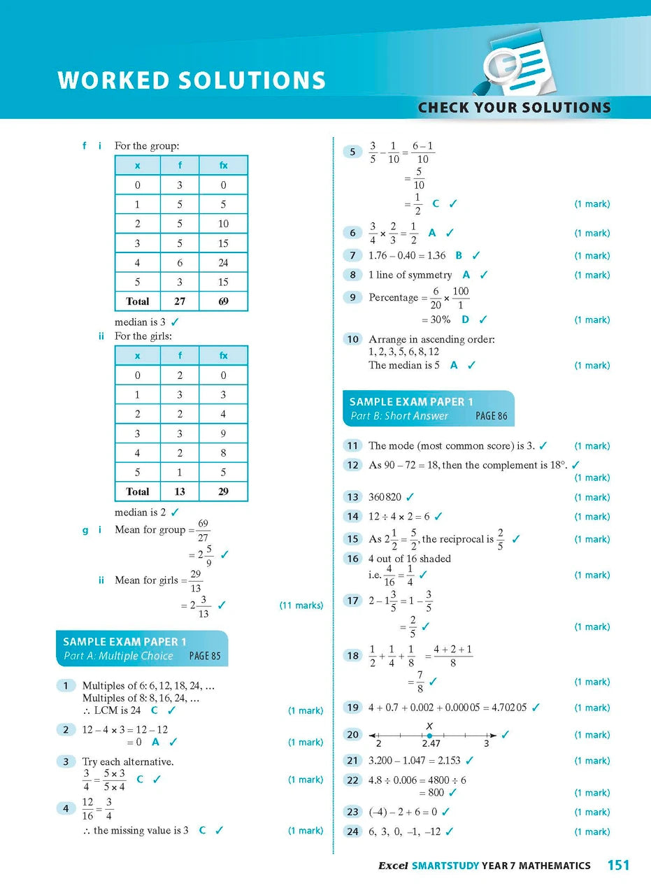 Sample interior page from the Excel SmartStudy Mathematics Year 7 workbook as shown in the Pascal Press gallery