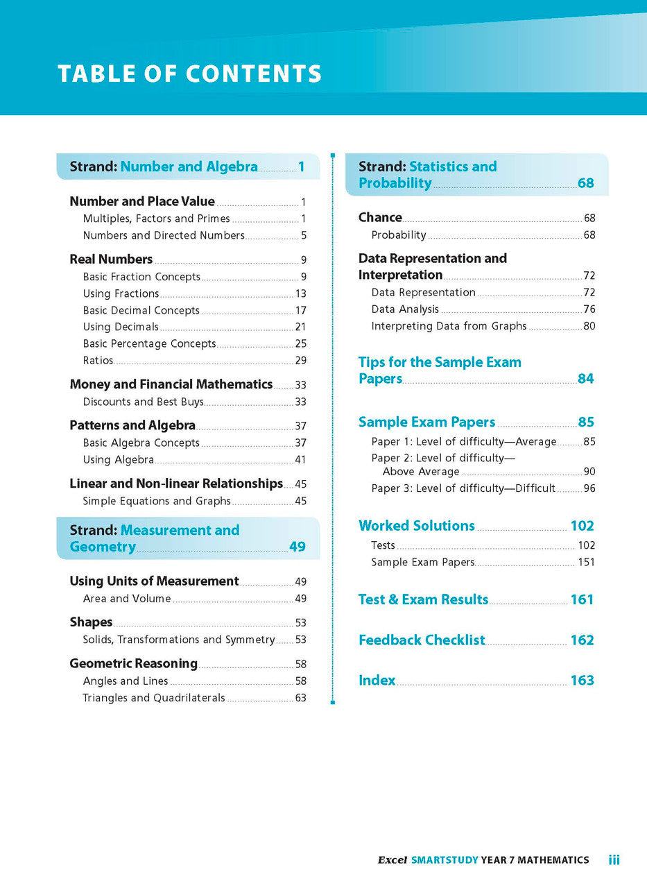 Sample interior page from the Excel SmartStudy Mathematics Year 7 workbook as shown in the Pascal Press gallery