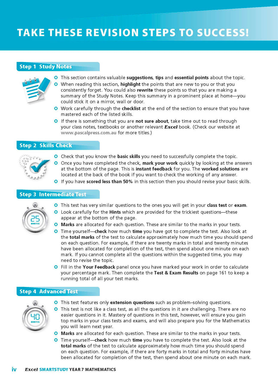 Sample interior page from the Excel SmartStudy Mathematics Year 7 workbook as shown in the Pascal Press gallery