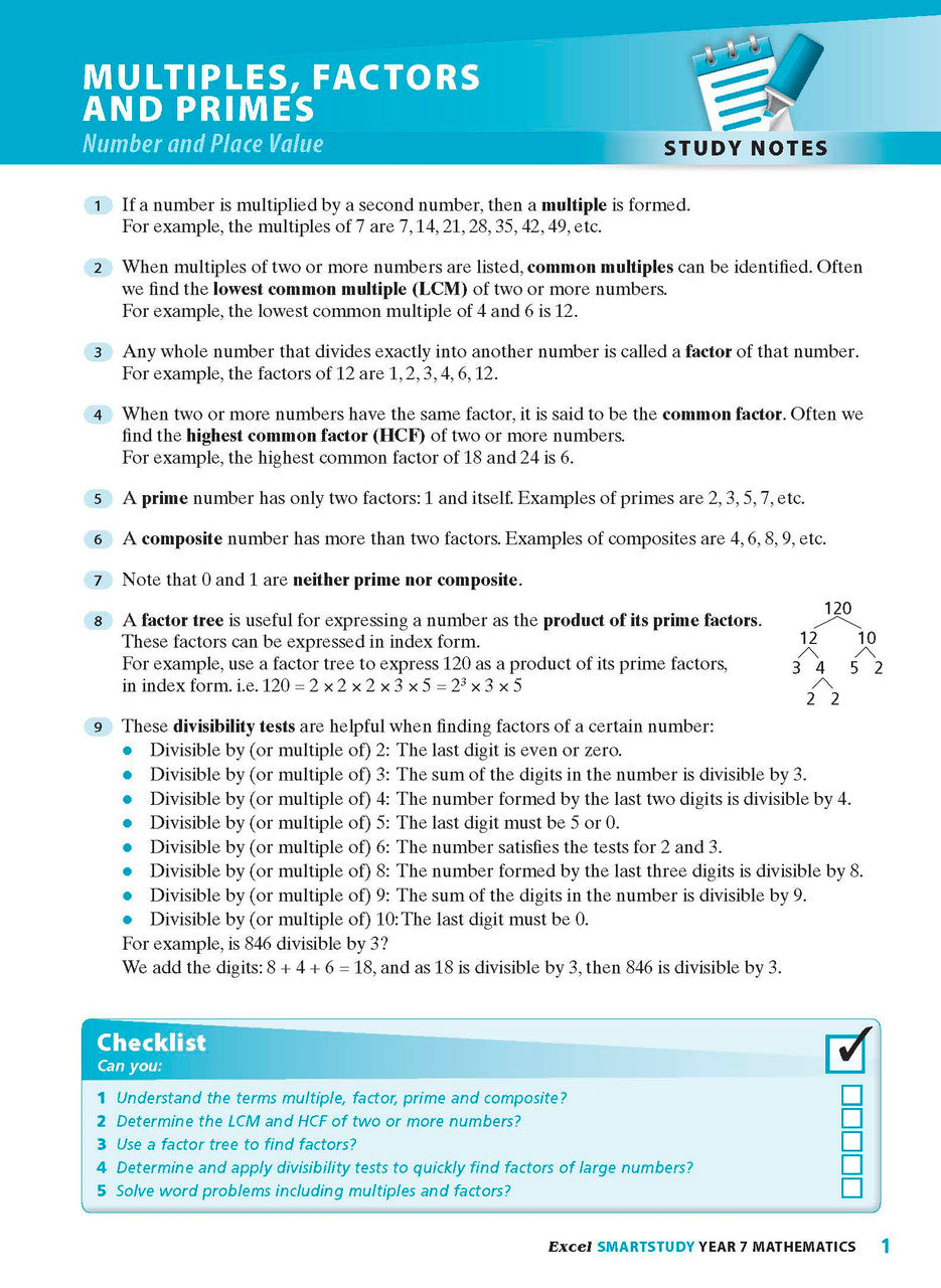 Sample interior page from the Excel SmartStudy Mathematics Year 7 workbook as shown in the Pascal Press gallery