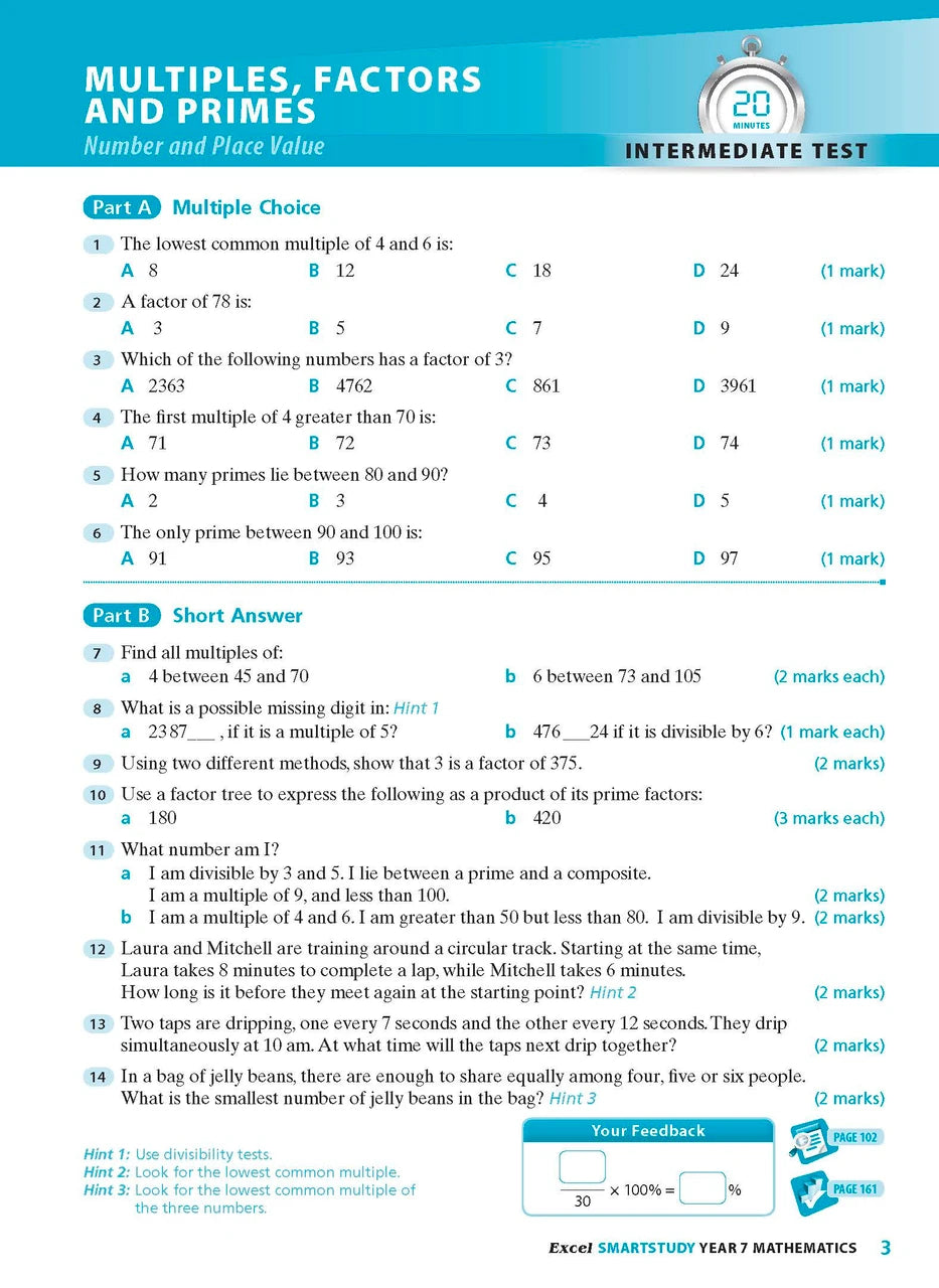 Sample interior page from the Excel SmartStudy Mathematics Year 7 workbook as shown in the Pascal Press gallery