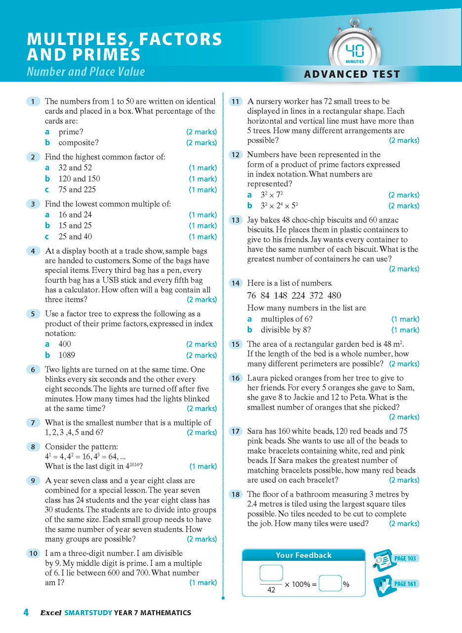 Sample interior page from the Excel SmartStudy Mathematics Year 7 workbook as shown in the Pascal Press gallery