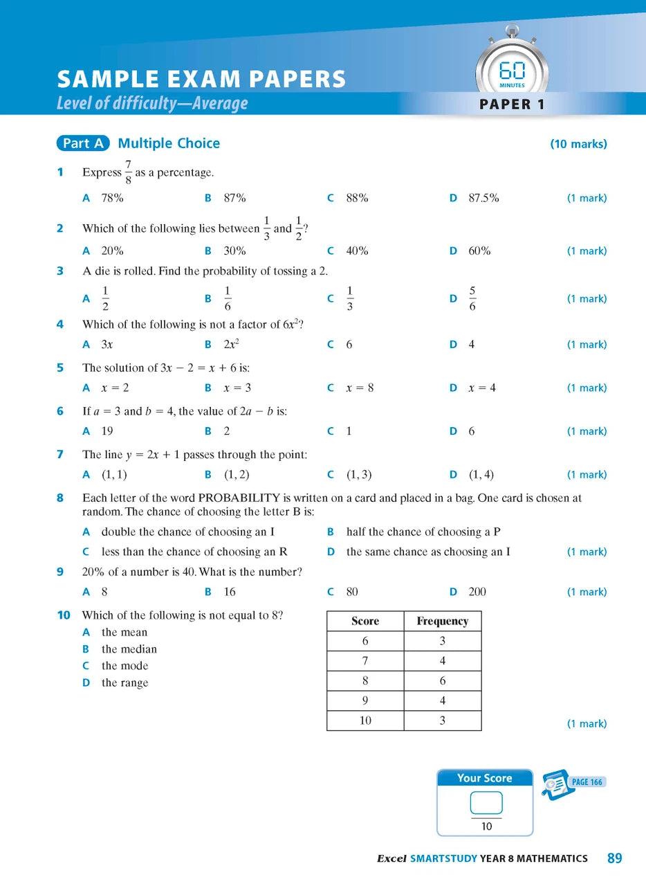 Sample interior page from the Excel SmartStudy Mathematics Year 8 workbook as shown in the Pascal Press gallery