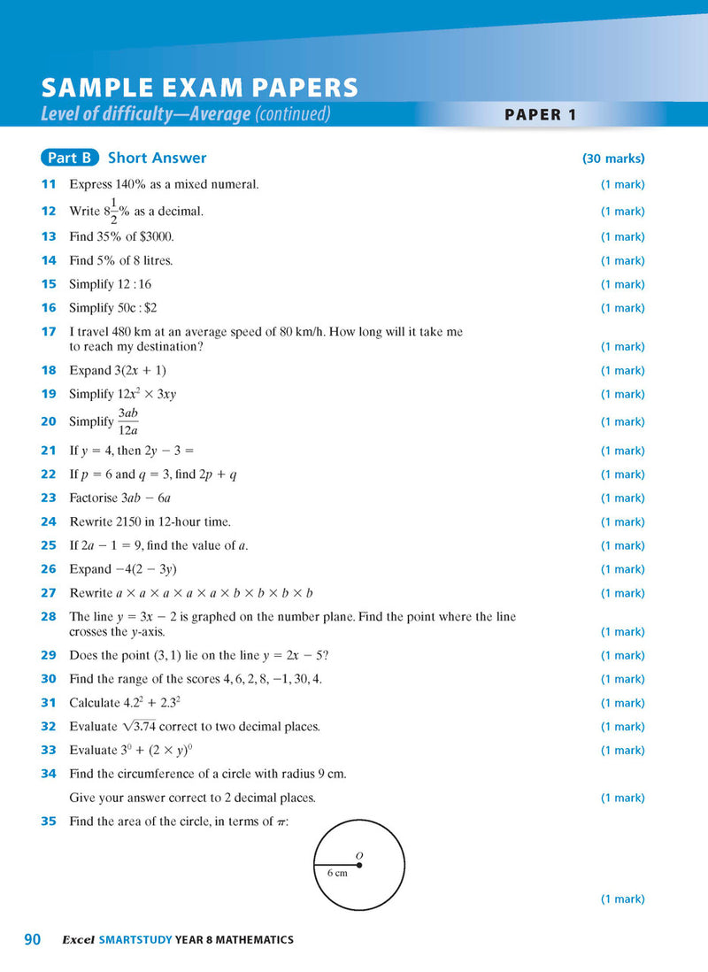 Sample interior page from the Excel SmartStudy Mathematics Year 8 workbook as shown in the Pascal Press gallery
