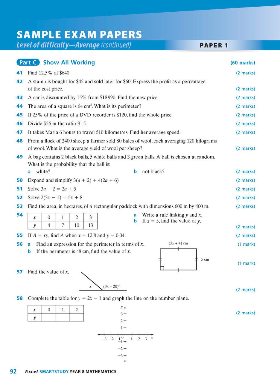 Sample interior page from the Excel SmartStudy Mathematics Year 8 workbook as shown in the Pascal Press gallery