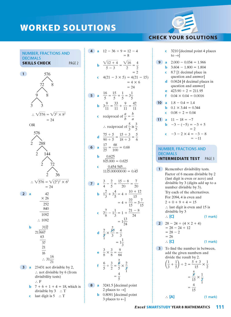 Sample interior page from the Excel SmartStudy Mathematics Year 8 workbook as shown in the Pascal Press gallery