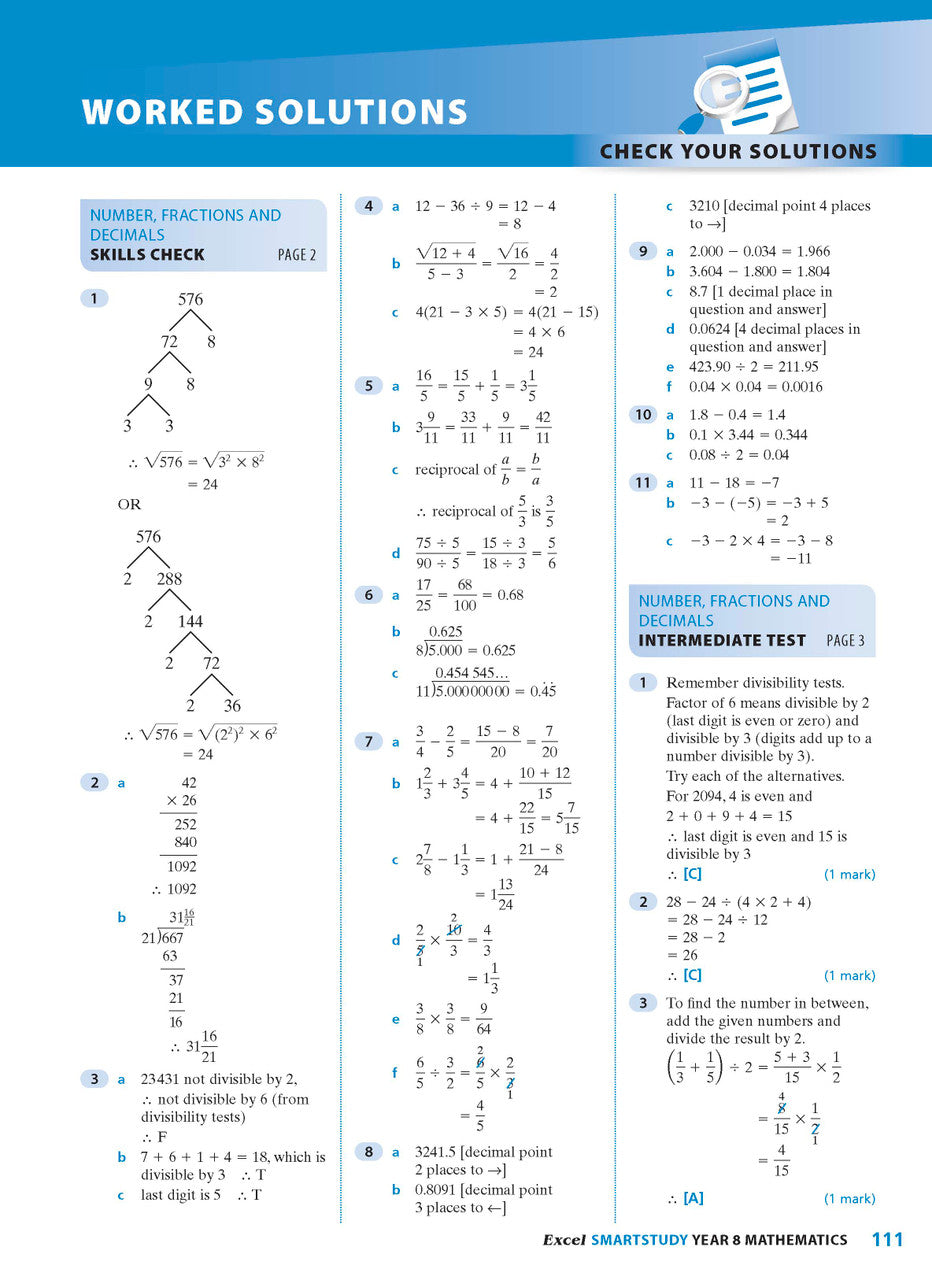 Sample interior page from the Excel SmartStudy Mathematics Year 8 workbook as shown in the Pascal Press gallery