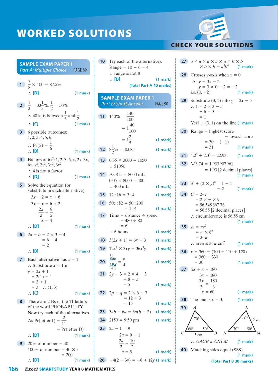 Sample interior page from the Excel SmartStudy Mathematics Year 8 workbook as shown in the Pascal Press gallery