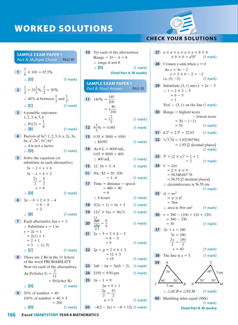 Sample interior page from the Excel SmartStudy Mathematics Year 8 workbook as shown in the Pascal Press gallery