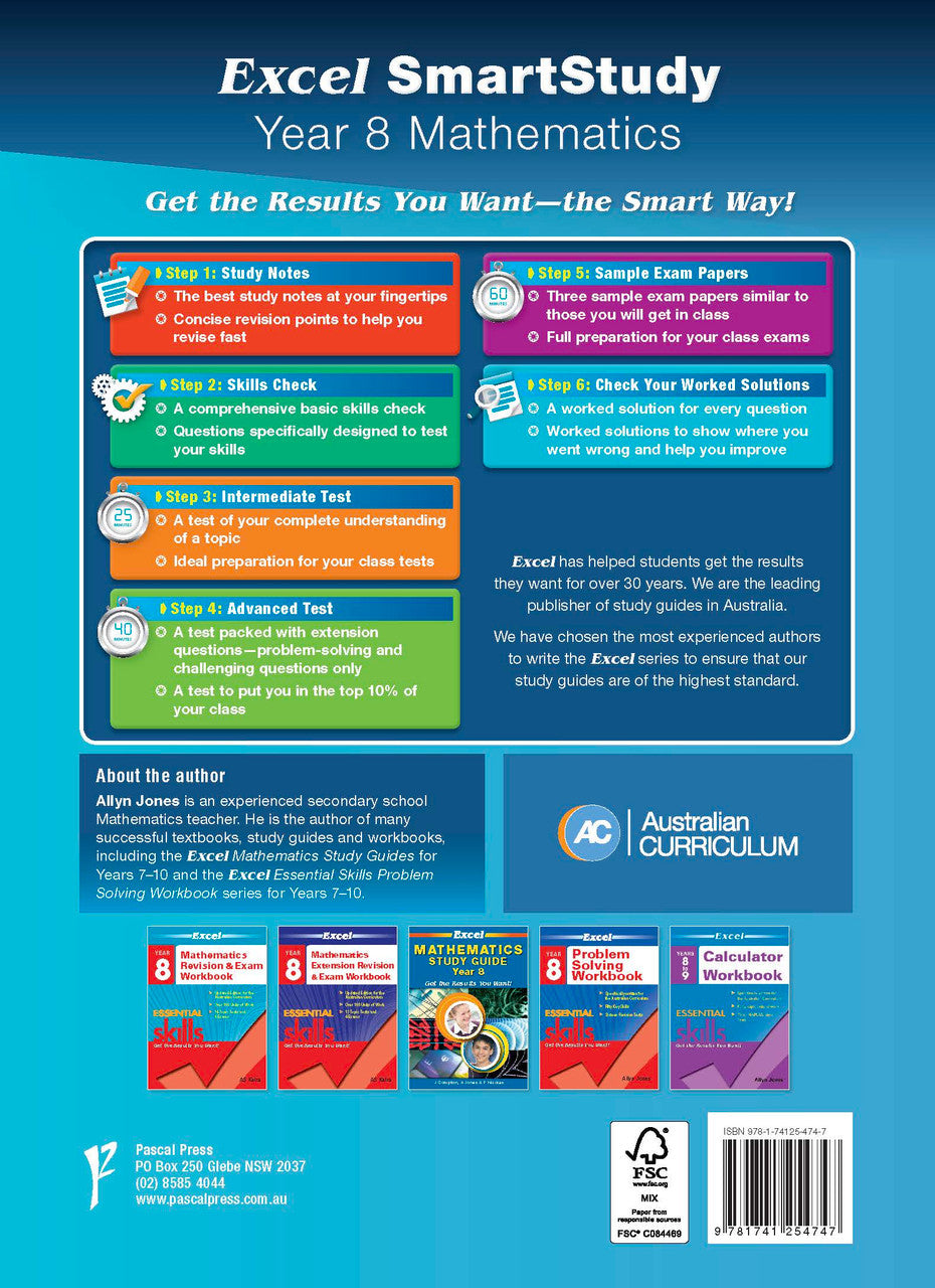 Sample interior page from the Excel SmartStudy Mathematics Year 8 workbook as shown in the Pascal Press gallery