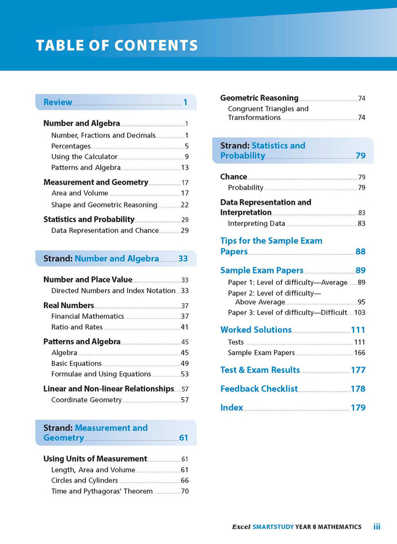 Sample interior page from the Excel SmartStudy Mathematics Year 8 workbook as shown in the Pascal Press gallery