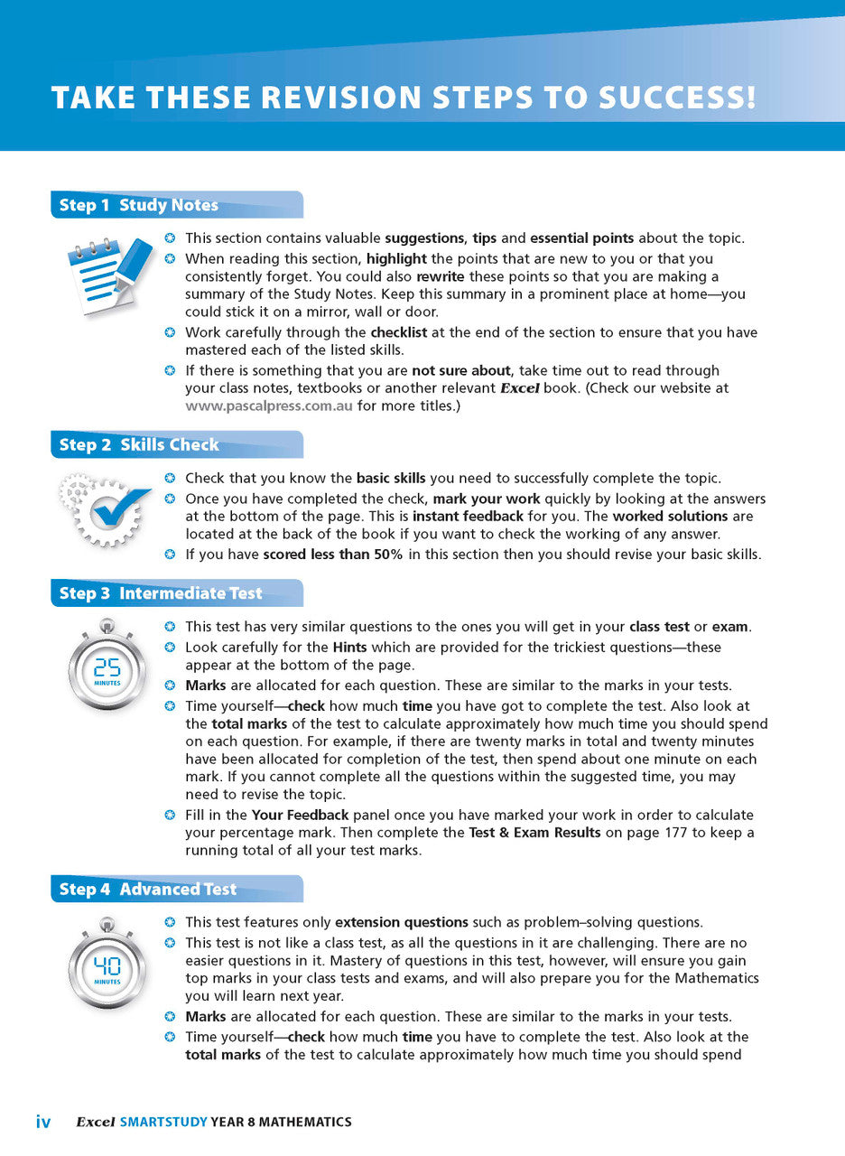 Sample interior page from the Excel SmartStudy Mathematics Year 8 workbook as shown in the Pascal Press gallery