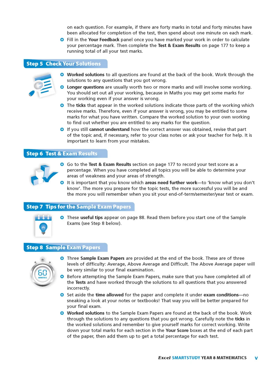 Sample interior page from the Excel SmartStudy Mathematics Year 8 workbook as shown in the Pascal Press gallery