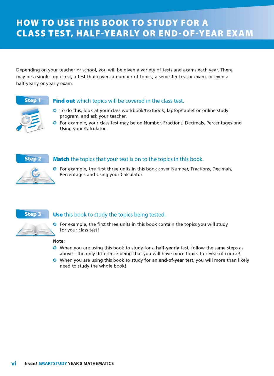 Sample interior page from the Excel SmartStudy Mathematics Year 8 workbook as shown in the Pascal Press gallery