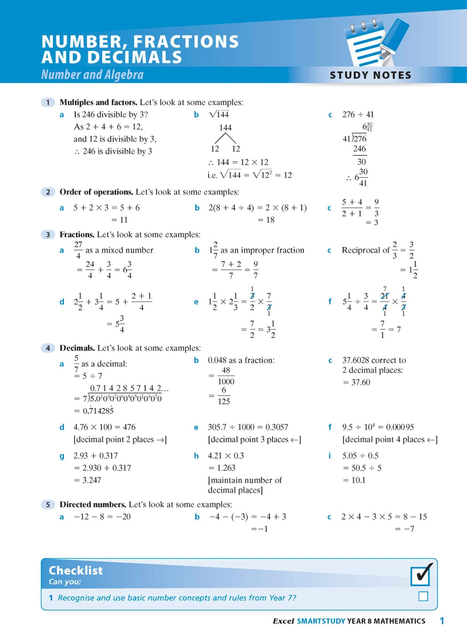 Sample interior page from the Excel SmartStudy Mathematics Year 8 workbook as shown in the Pascal Press gallery