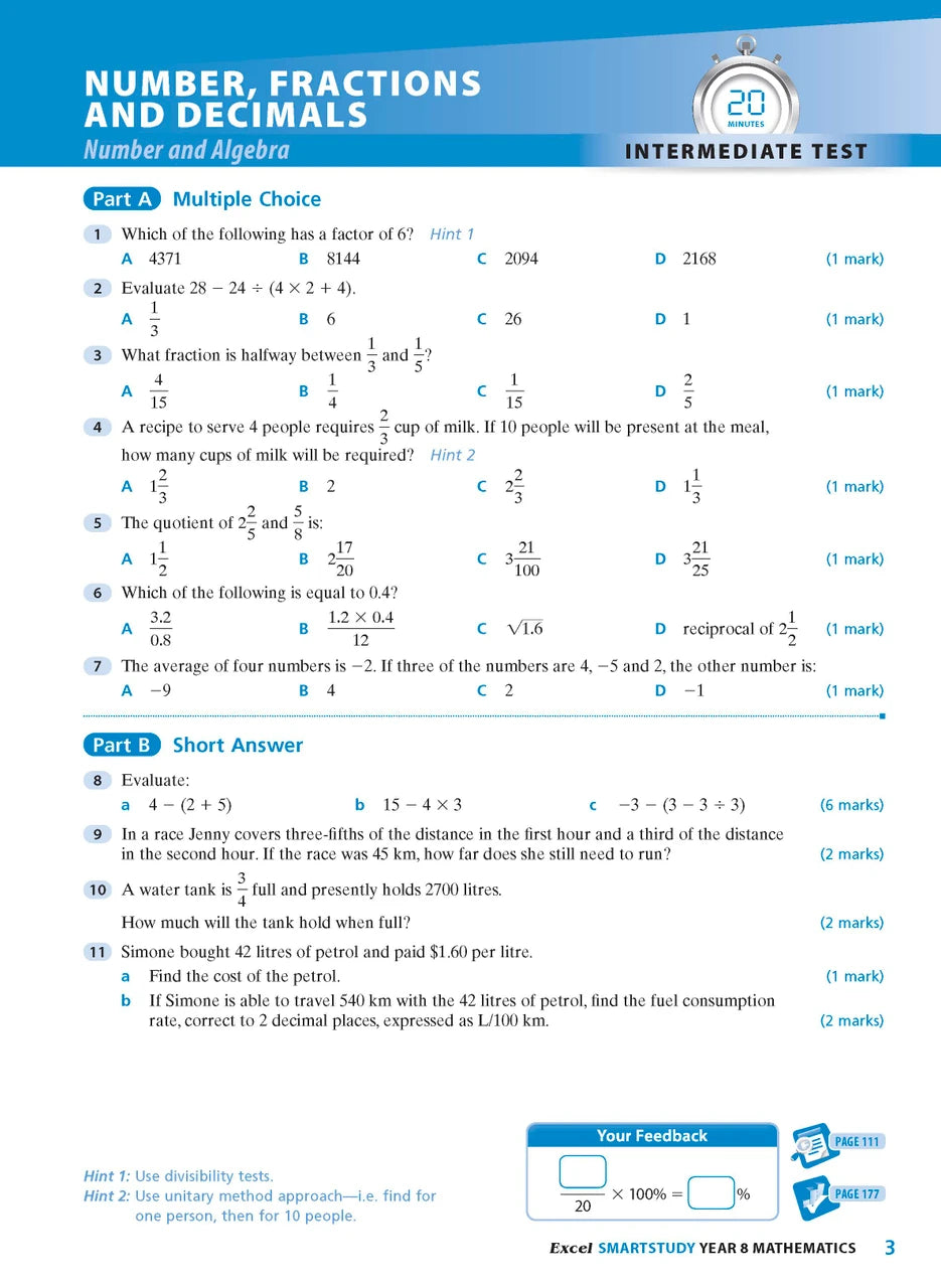 Sample interior page from the Excel SmartStudy Mathematics Year 8 workbook as shown in the Pascal Press gallery
