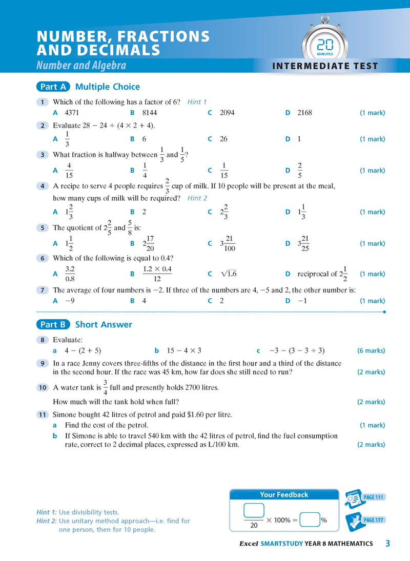 Sample interior page from the Excel SmartStudy Mathematics Year 8 workbook as shown in the Pascal Press gallery