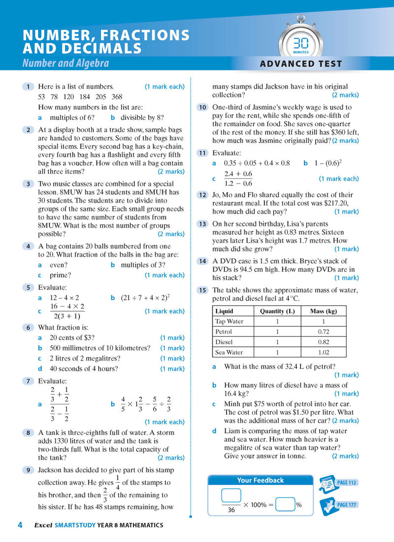 Sample interior page from the Excel SmartStudy Mathematics Year 8 workbook as shown in the Pascal Press gallery