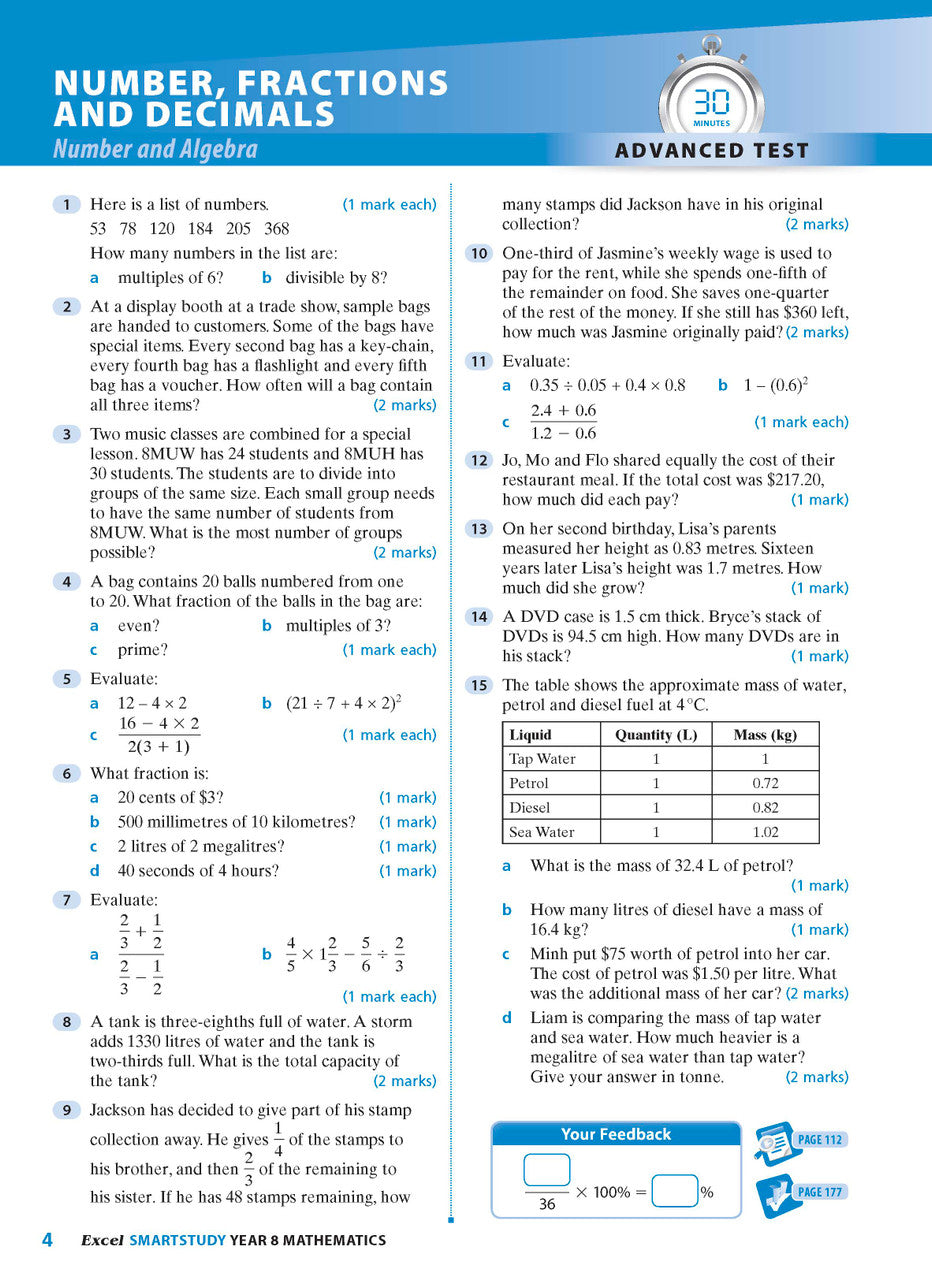 Sample interior page from the Excel SmartStudy Mathematics Year 8 workbook as shown in the Pascal Press gallery